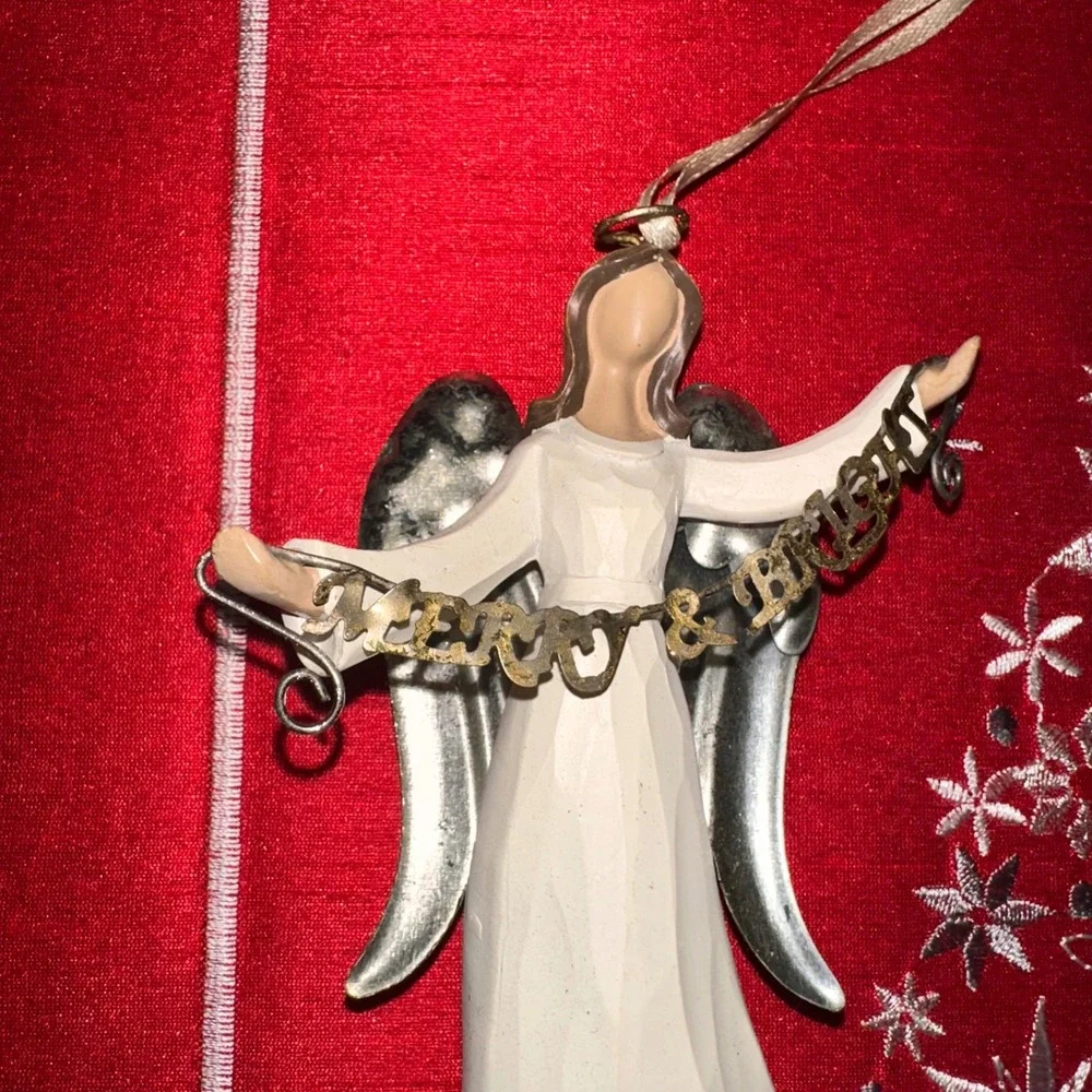 Angel Ornament Christmas Holiday Decor White Dress Silver Wings 